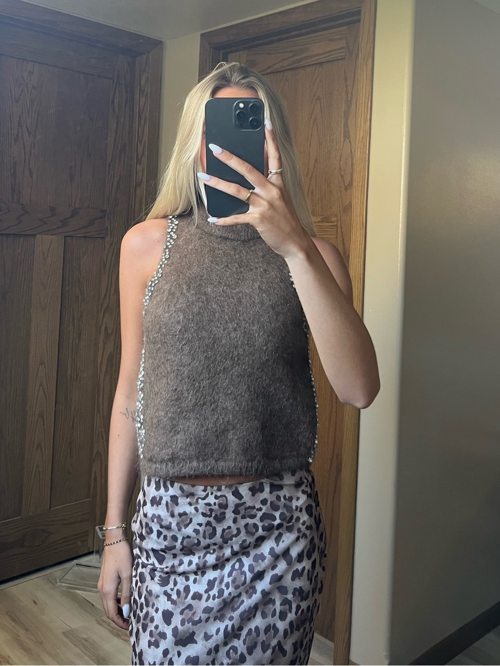 H&M Brown Fuzzy Knit Sleeveless Tank with Sequin Trim